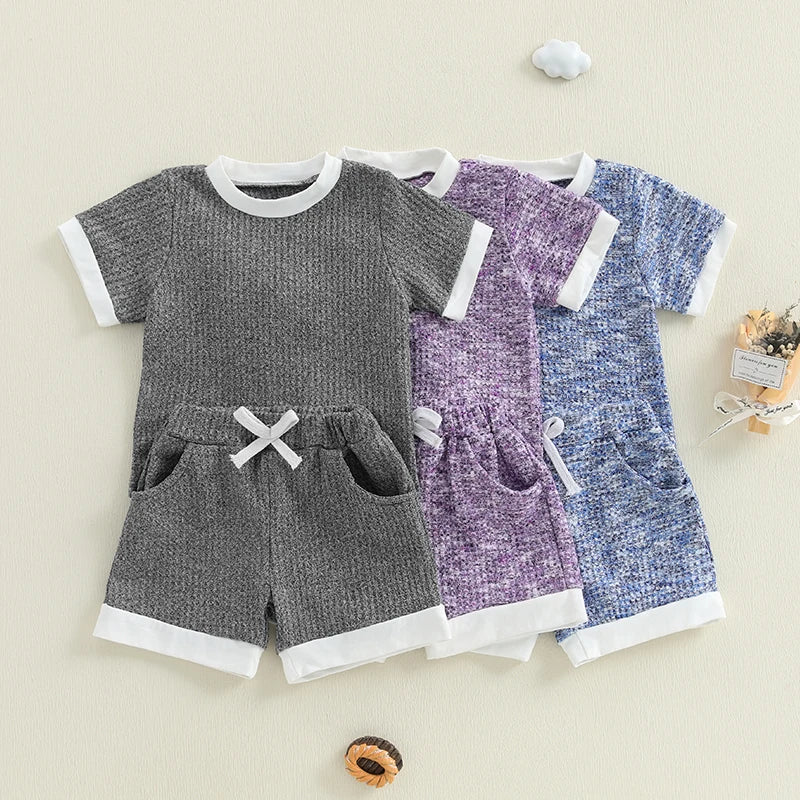 Toddler Boy Girl Shorts Set Short Sleeve T-shirts Elastic Waist Shorts Waffle Outfit Casual Summer Clothes