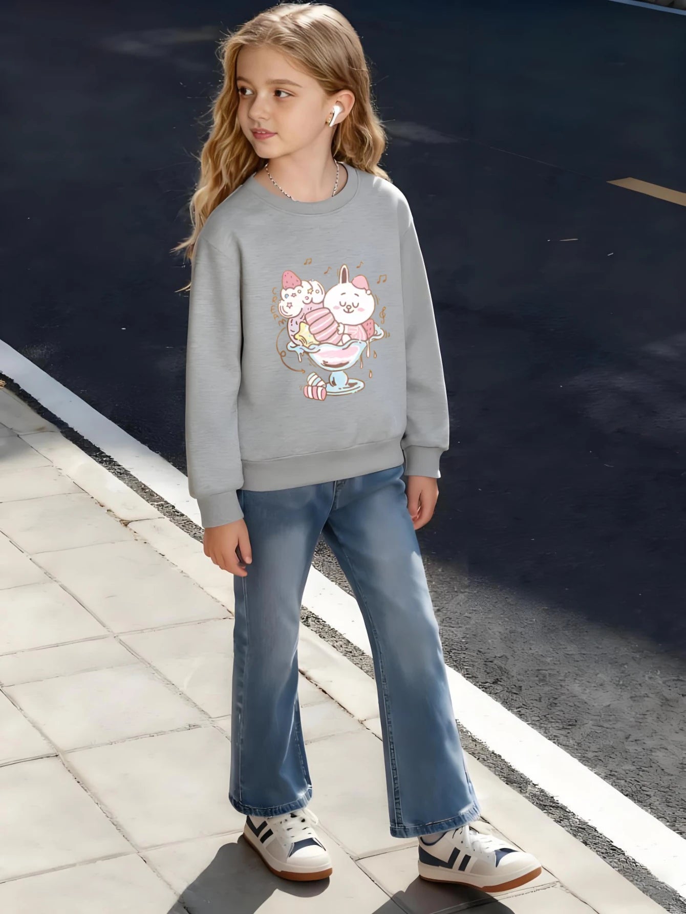 Children's Cotton Crewneck Sweatshirt Cream Ice Cream with Rabbit and Strawberry Design for Boys /Girls Soft Fleece Casual Wear