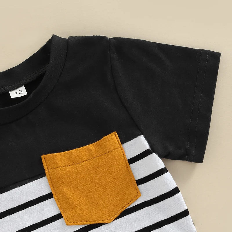 Baby Boys 2 Piece Clothing Set Striped Short Sleeve T-Shirt with Round Neck Solid Color Long Pants Summer Outfit