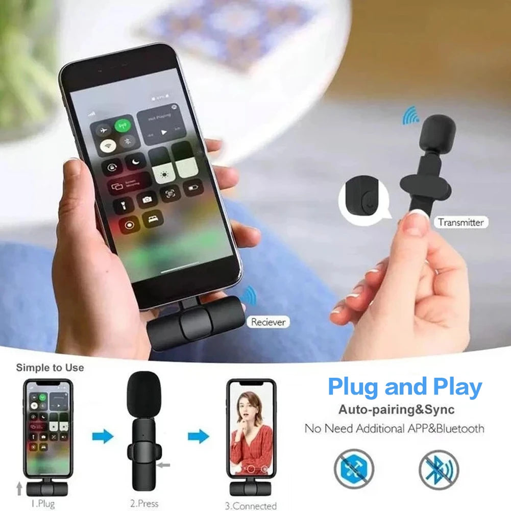 2 In 1 Wireless Lavalier Microphone Portable Audio Recording Mic for iPhone Android Live