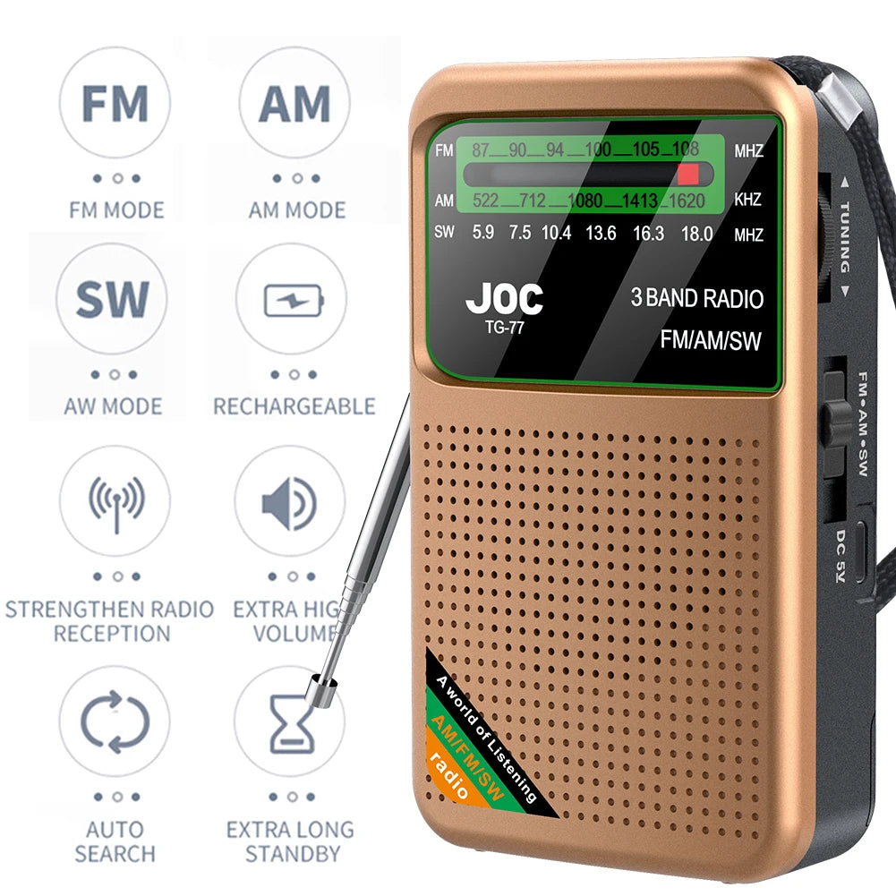 Pocket Radio FM AM SW Radio Transistor Radio Type-C Rechargeable Radio Player for Senior Home Walking
