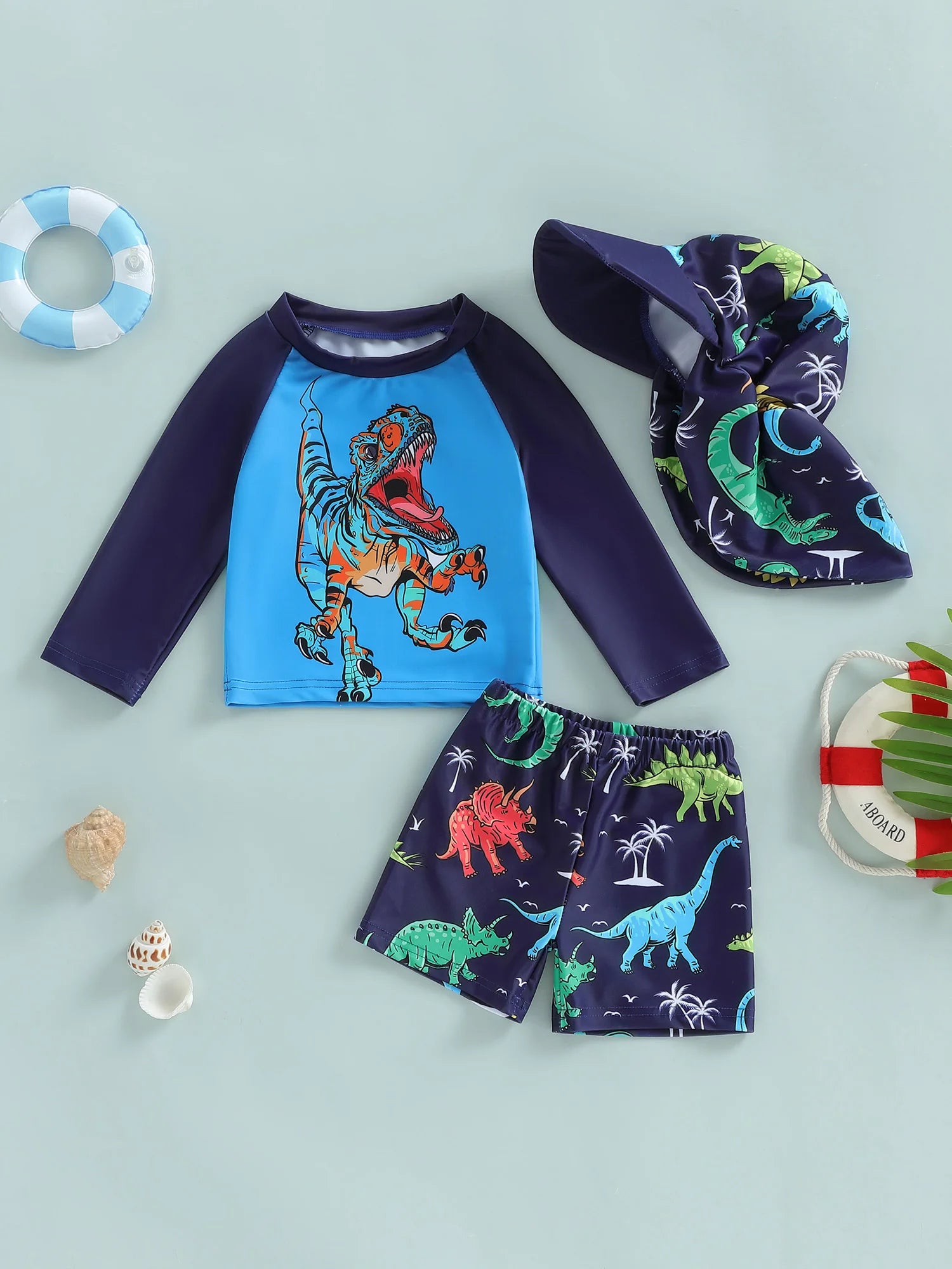 Toddler Boy  Swimsuit Long Sleeve Shark Print Rash Guard Bathing Suit Swimwear with Sun Hat for Kids