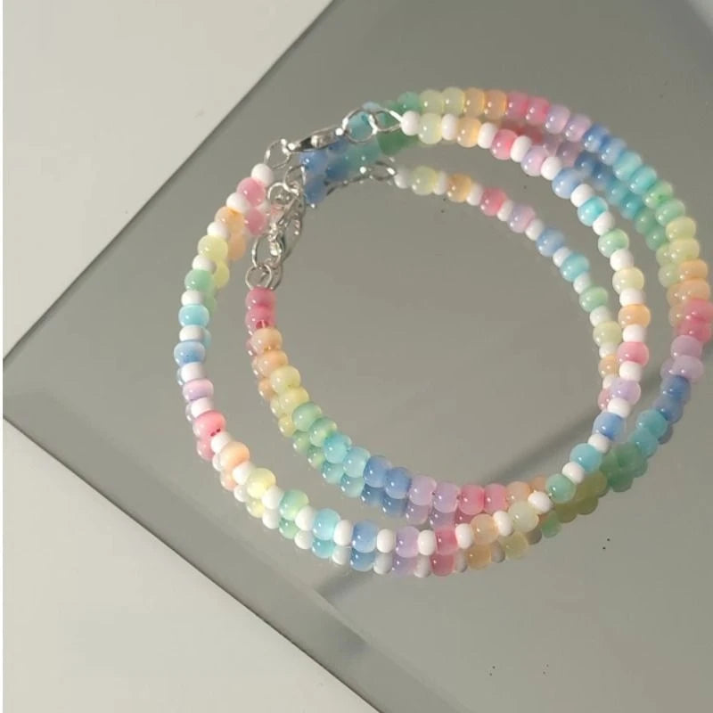 Rainbow Colors Sweet Cute Beads Bracelet Girl Simple Design Cat's Eye Stone Bangle Style Women Jewelry Gifts
