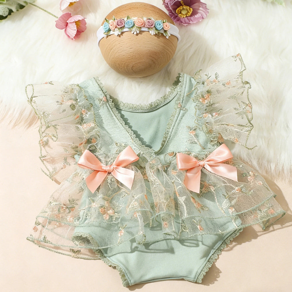 Infant Baby Girl Lace Romper NewbornTulle Dress Flowers Bodysuit Summer Festival Clothes with Headband Photography Outfit-HD