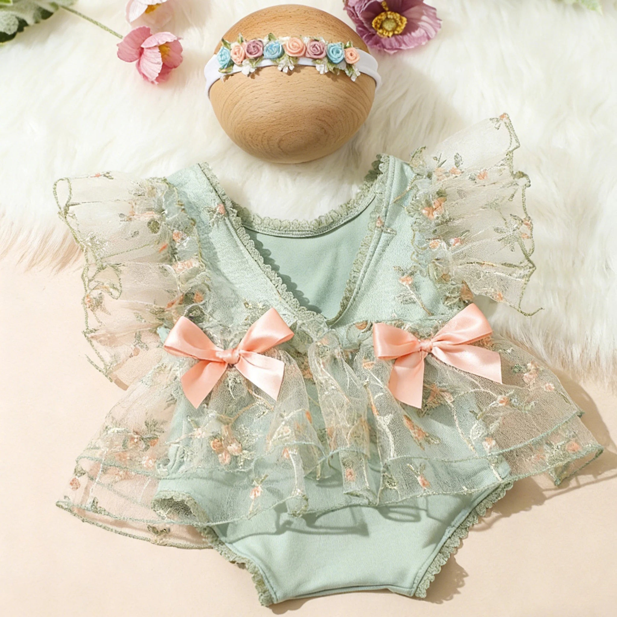Infant Baby Girl Lace Romper NewbornTulle Dress Flowers Bodysuit Summer Festival Clothes with Headband Photography Outfit-HD