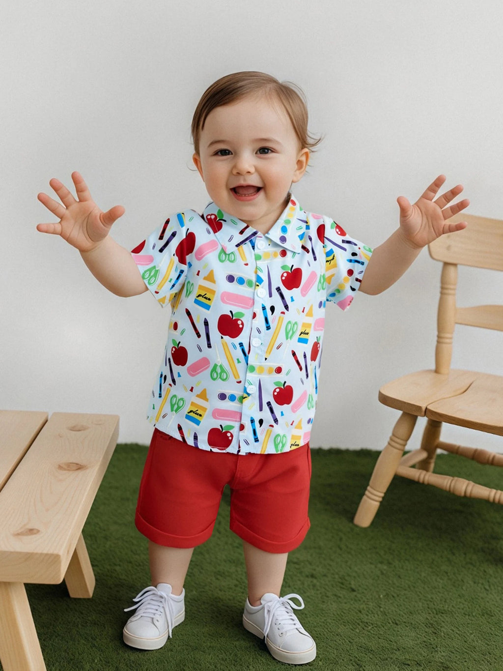 Cute Toddler Boy Back to School Outfit Apple Print Short Sleeve Collared Shirt with Solid Color Elastic Waist Shorts - 2 Piece