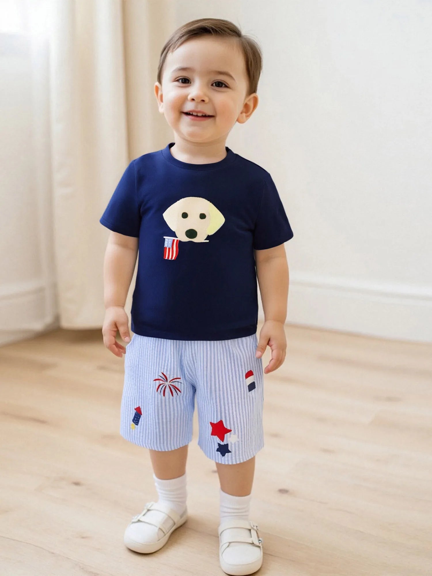 Toddler Boys American Flag Print Short Sleeve T-Shirt and Elastic Waist Star Stripe Shorts Set for 2 Piece Outfit