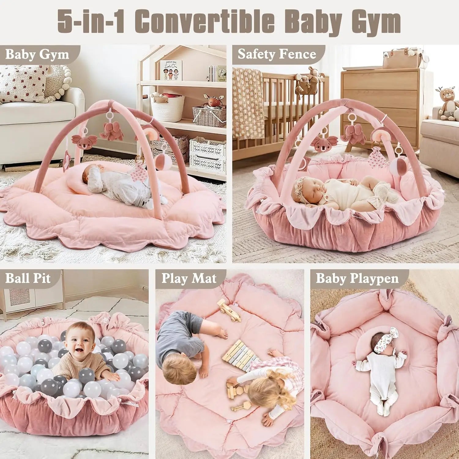 5-in-1 Plush Baby Play Gym with Convertible Mat, 6 Sensory Toys for Newborn to Toddler in Pink