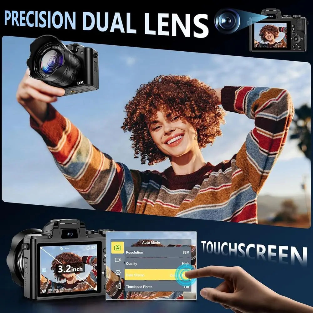 88MP Digital Camera with 3.2 Touchscreen, 16X Zoom, Dual Autofocus, Anti-Shake, 2 Batteries, 64GB Card, Flash, Lens Hood