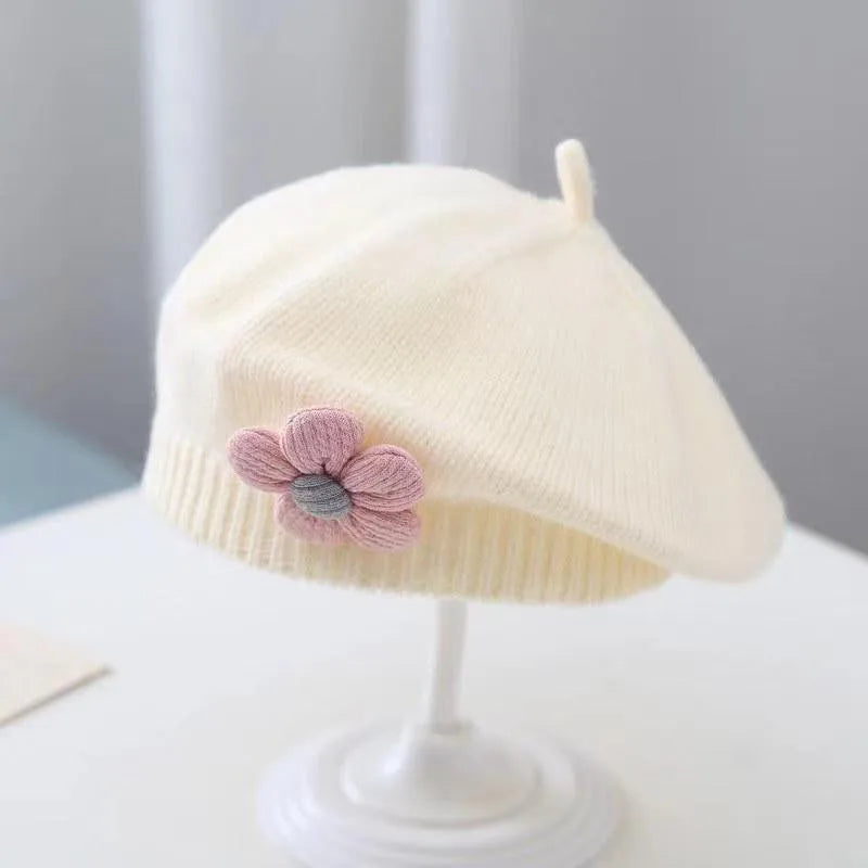 Flower Baby Beret Hat Winter Warm Knitted Beanie Cap for Infant Girls Toddler Princess Artist Solid Color Painter Caps