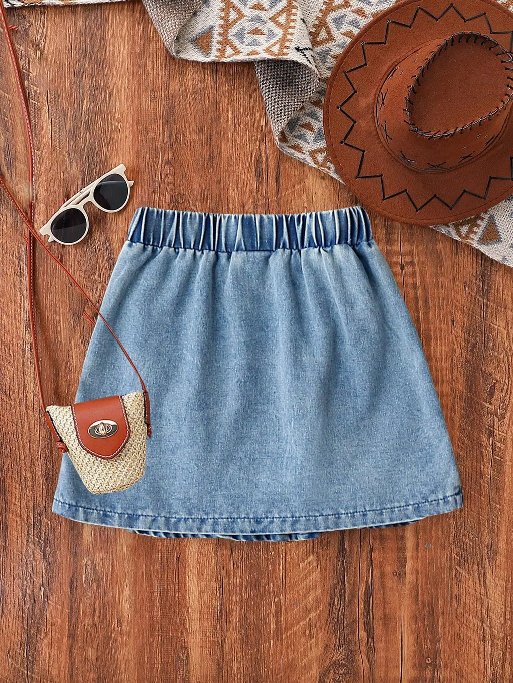 Girls Denim Wrap Skirt with Ruffled Hem, Spring Summer Casual Style