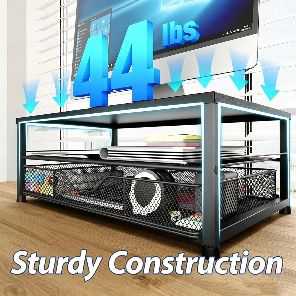 2-Tier Computer Monitor Stand Riser with Drawer and 2 Pen Holders, Laptop Stand, Office Desk Accessories, Black