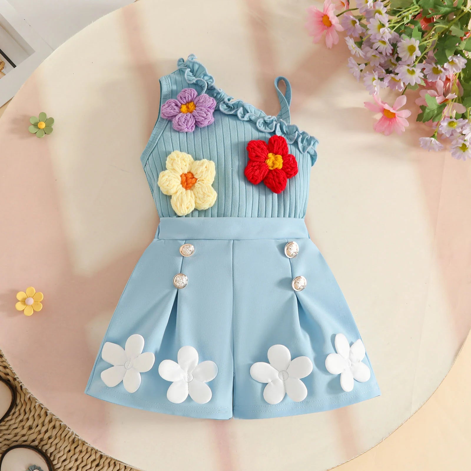 Flower Embroidery Sleeveless Smocked Tops Shorts Set Toddler Baby Girl Summer Clothes Cute Two Children'S Baby Clothing Sets