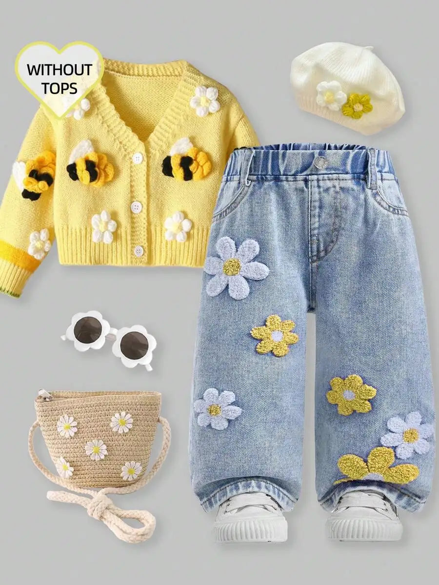 Toddler Girl Denim Pants with Crochet Flower Applique, Loose Fit Blue Jeans for Spring Fall