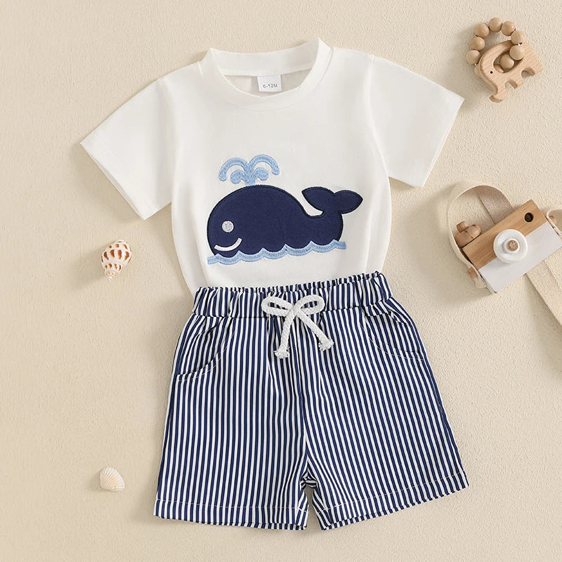 Toddler Baby Boy Shorts Set Whale/Dinosaur/Turtle Short Sleeve T-shirts Striped Elastic Waist Shorts Summer Outfit