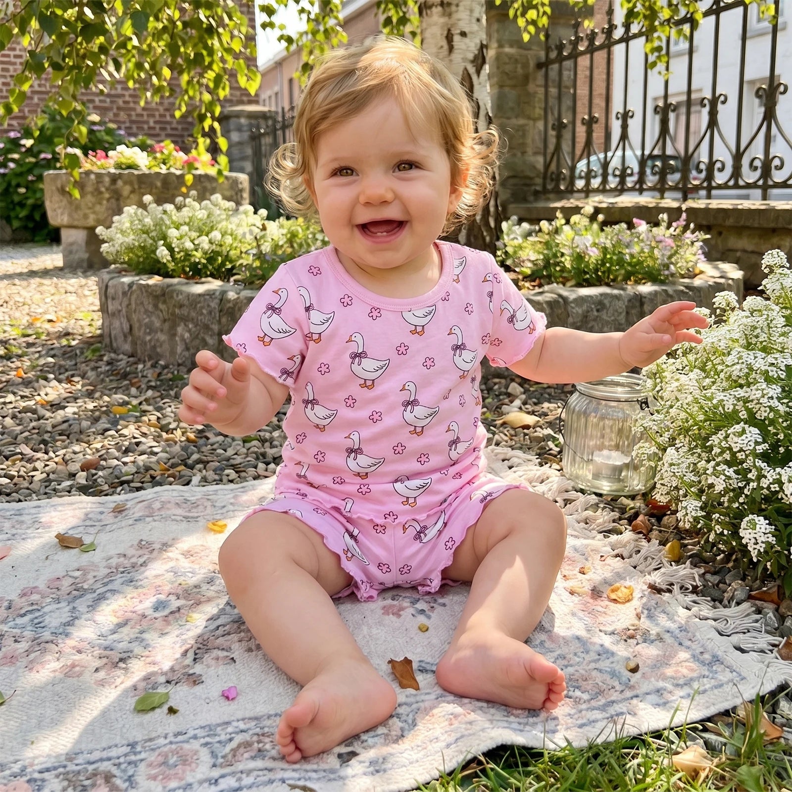0-4Y Lovely Kids Girls Summer 2 Piece Clothes Sets Short Sleeve O Neck Floral Goose Print Tops Drawstring Shorts Sets
