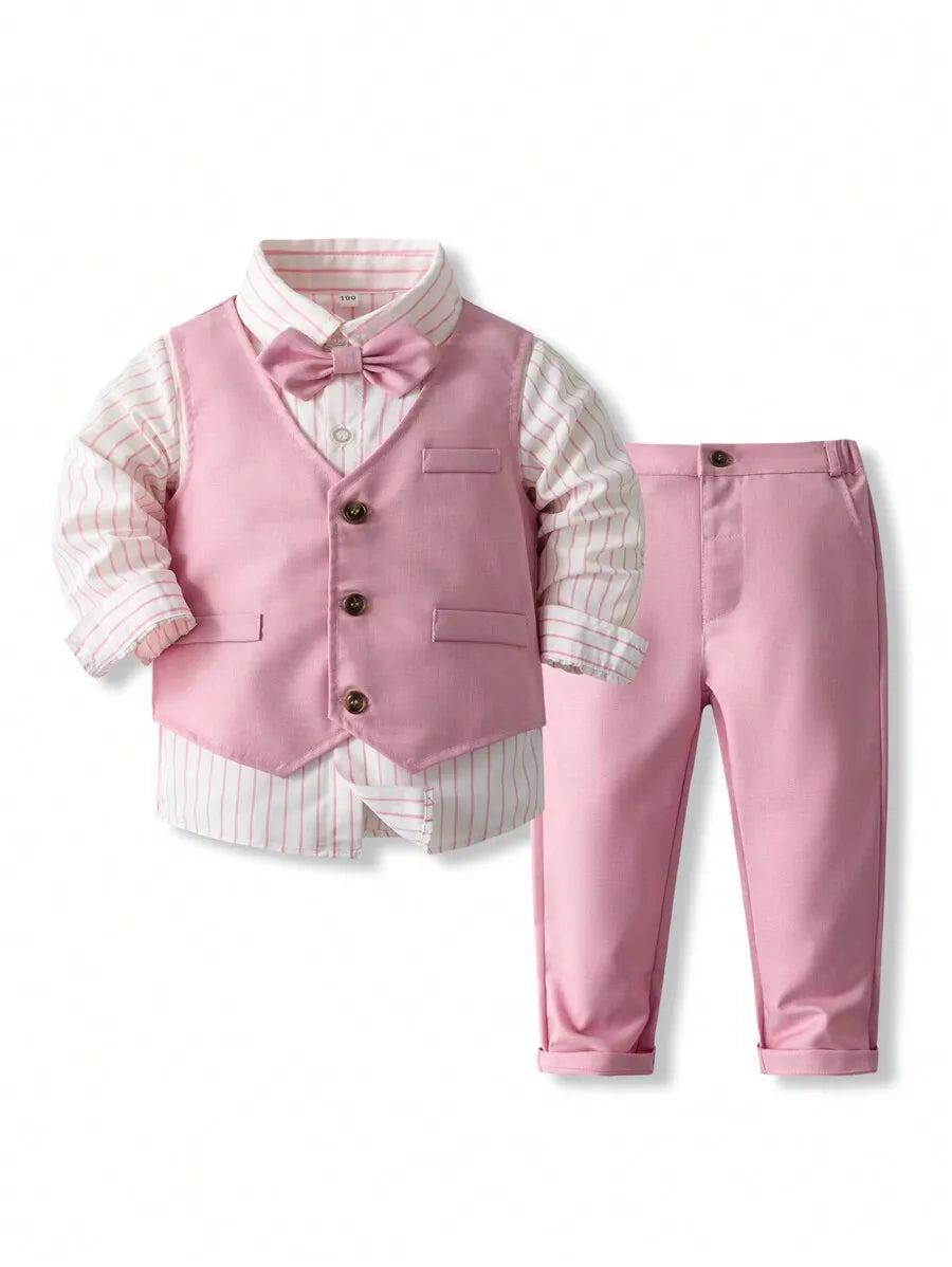 Purple Formal 3-Piece Suit Set for Boys with Striped Shirt, Vest & Bow Tie