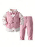 Purple Formal 3-Piece Suit Set for Boys with Striped Shirt, Vest & Bow Tie
