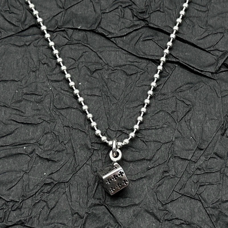 Sterling Silver Retro Old Ring Dice Pendant Necklace American Men and Women Niche