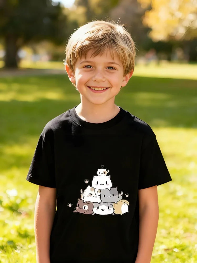 Kids Children's Cotton T-Shirt Stacked Cats Group with Colorful Patterns and Paw Prints for Boys Girls Animal Lover Design