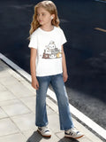 Kids Children's Cotton T-Shirt Stacked Cats Group with Colorful Patterns and Paw Prints for Boys Girls Animal Lover Design