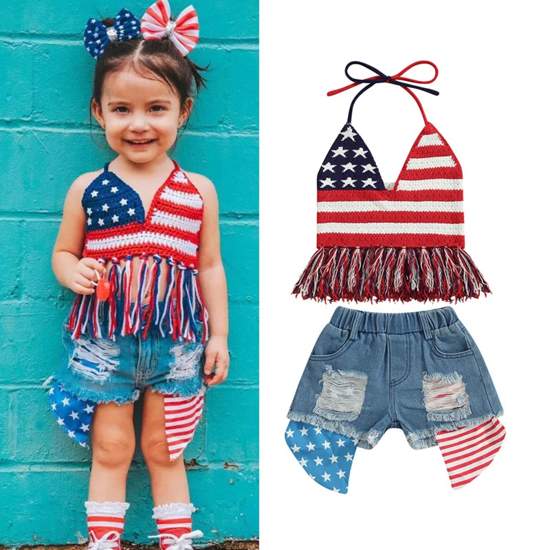 0-6 Years Toddler Baby Girl 2Pcs Independence Day Summer Clothing Set Knitting Vest Top Denim Shorts