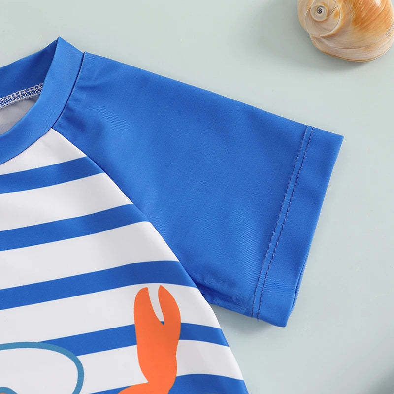 Boys Ocean Adventure Rash Guard Swim Set Tropical Fish Print Short Sleeve T-shirt with Board Shorts and Sun Hat Swimwear