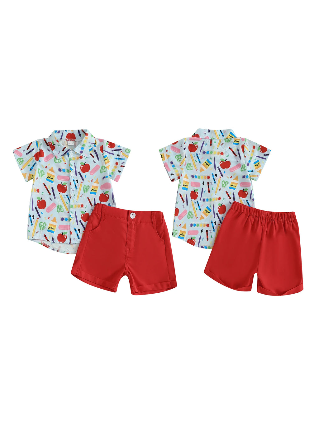 Cute Toddler Boy Back to School Outfit Apple Print Short Sleeve Collared Shirt with Solid Color Elastic Waist Shorts - 2 Piece