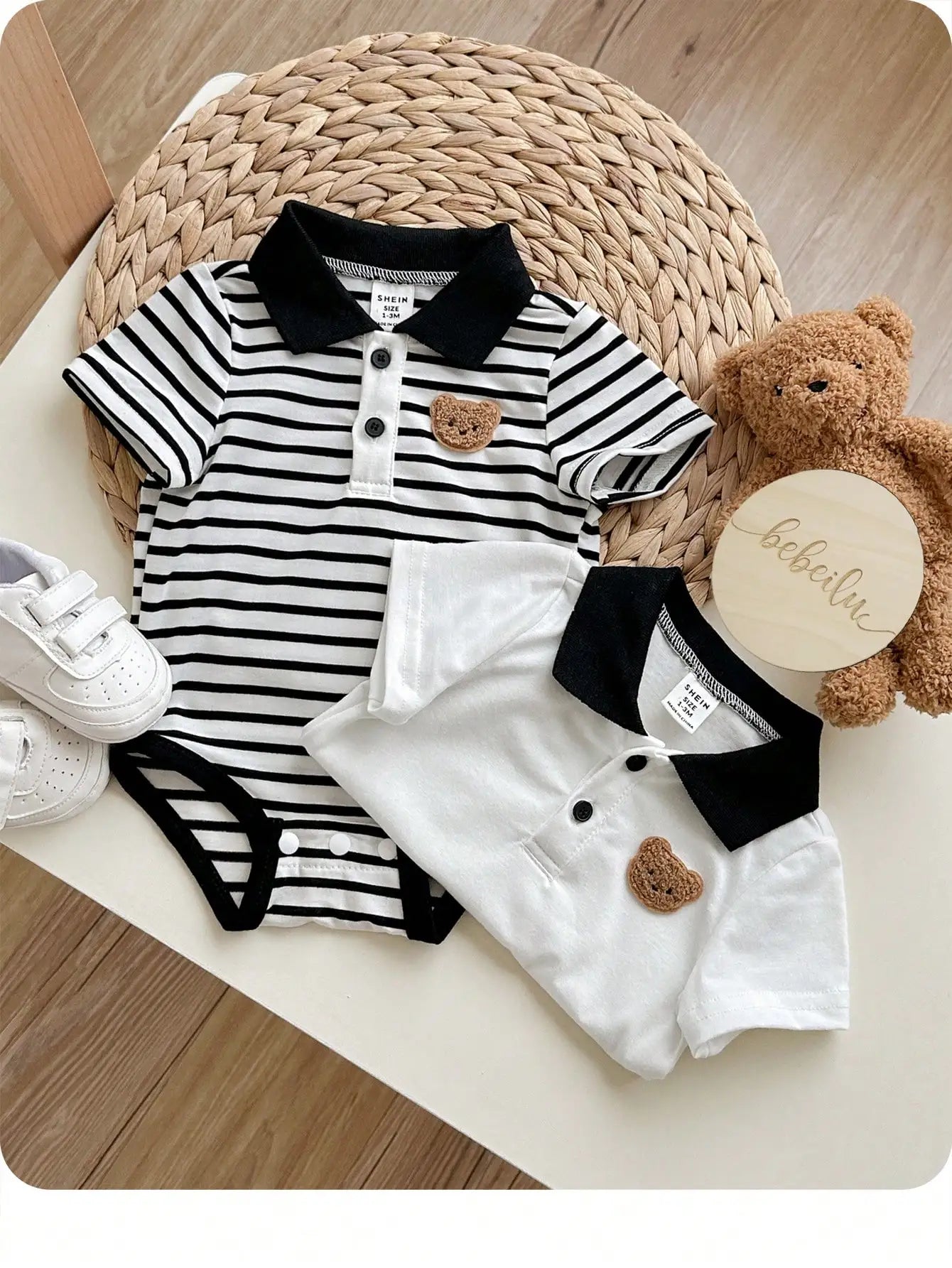 2pcs Set Newborn Baby Boys Cute Casual Striped Knit Short Sleeve Polo Bodysuit Outfit, Suitable For Birthday Party