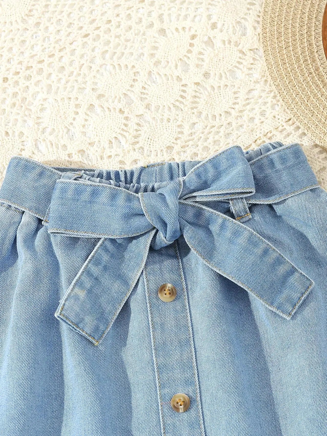 Light Wash Denim A-Line Skirt with Bow Belt and Ruffle Hem for Girls