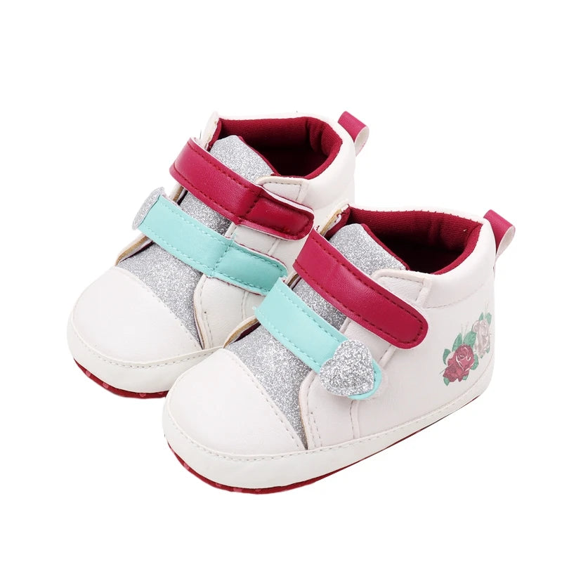 Adorable Baby Girl Shoes with Side Flower Print and Sparkle High Top Design Lightweight Soft Non-Slip PU Walking Shoes for