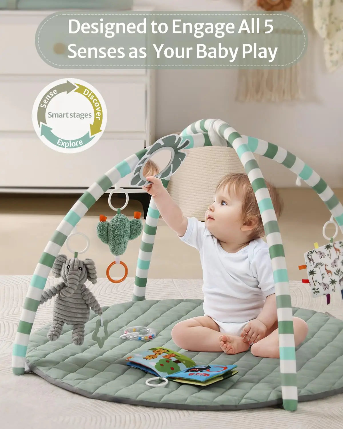 Baby Play Gym Mat with 6 Detachable Toys for Sensory Motor Skill Development, Easy Install Clean, Sage Green Gift