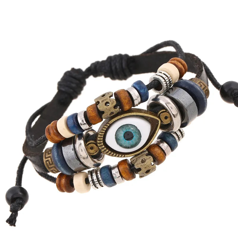 Cross-Border Trendy Jewelry New Beaded Eye Leather Bracelet Adjustable Couple Leather Bracelet American Jewelry