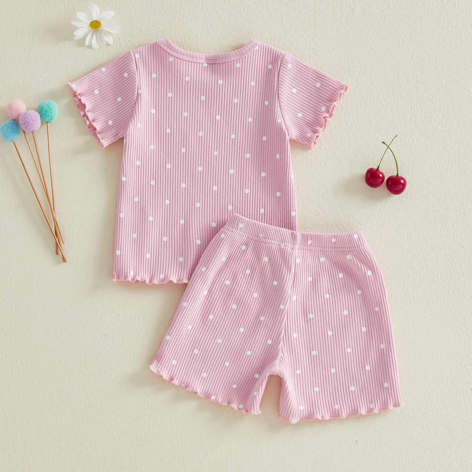 Summer Kids Girls Outfits Cherry Embroidery Short Sleeve Tops Shorts Clothes Set