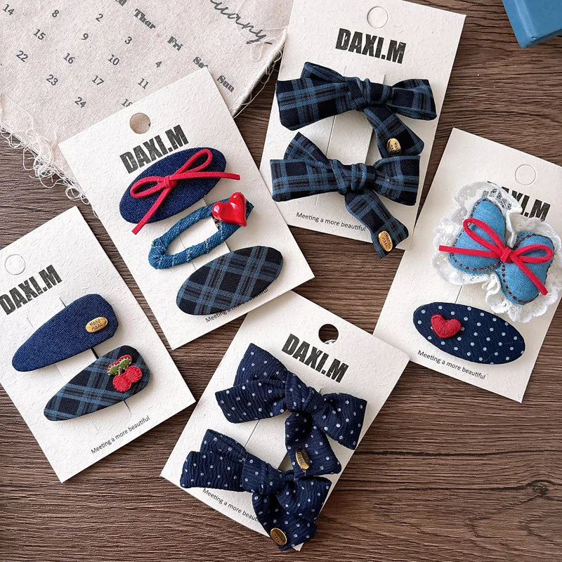 High Quality Sweet Academic Hair Clip Navy Plaid Bow BB Clip for Girls Versatile Side Clamp with Polka Dots