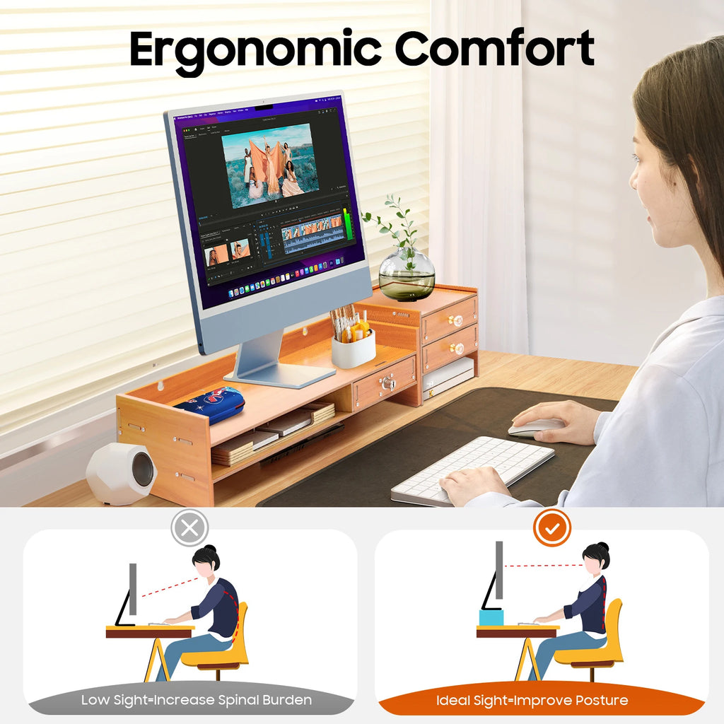 Computer Monitor Stand with Drawers & Keys & Phone Holder, Loading 5KG Computer Rack, Monitor Stand 48*20*13.5cm