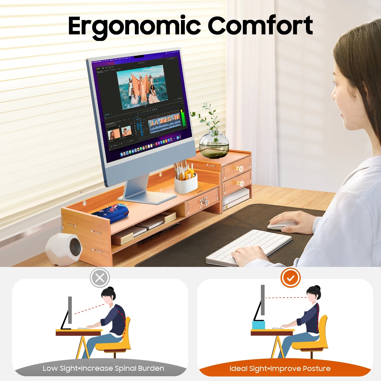 Computer Monitor Stand with Drawers & Keys & Phone Holder, Loading 5KG Computer Rack, Monitor Stand 48*20*13.5cm