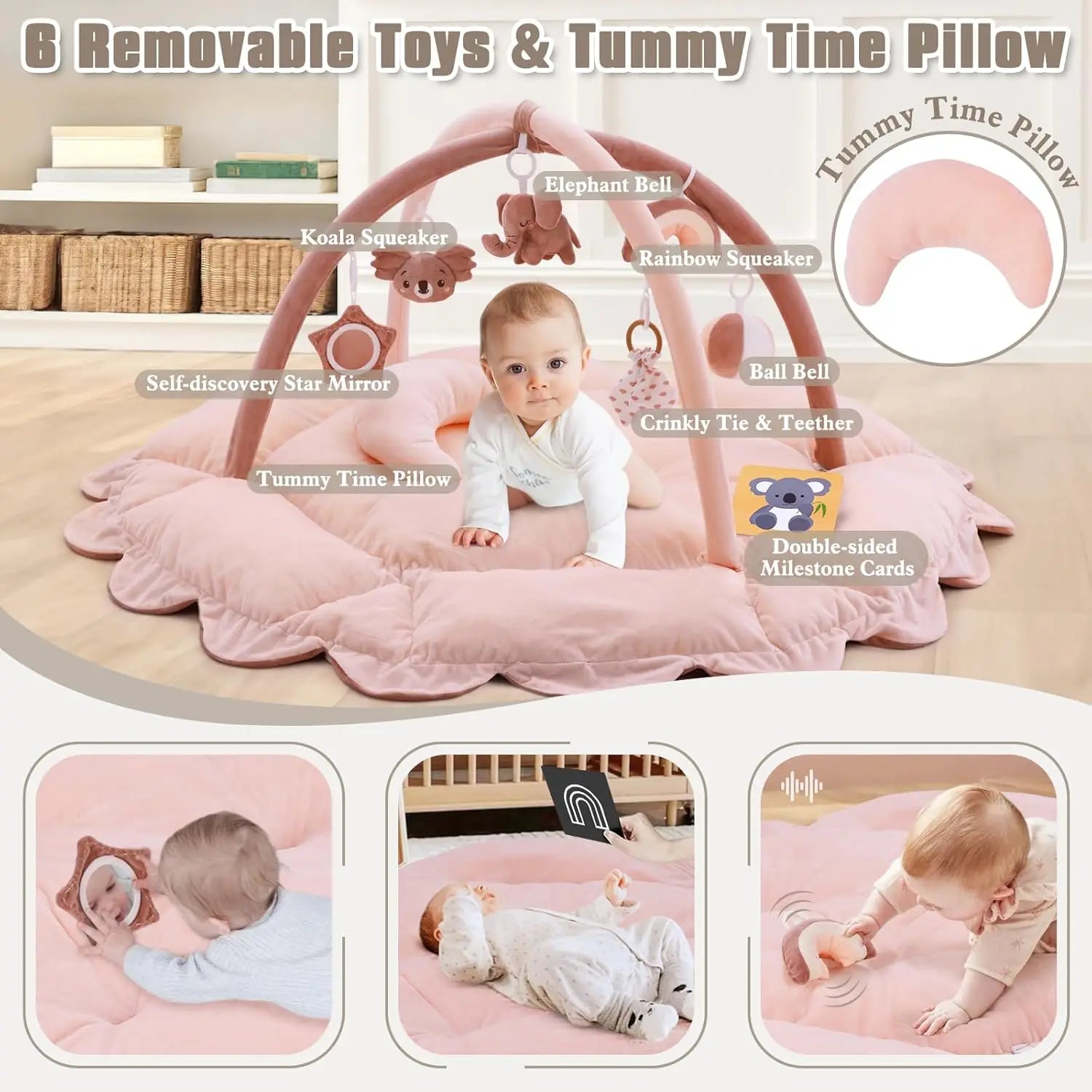 5-in-1 Plush Baby Play Gym with Convertible Mat, 6 Sensory Toys for Newborn to Toddler in Pink