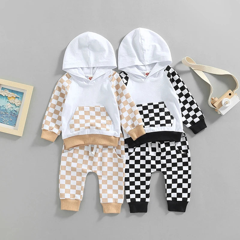 0-4Years Girl Boy Outfit 2Pcs Set Plaid Long Sleeve Hoodie with Pockets Elastic Drawstring Waist Pants