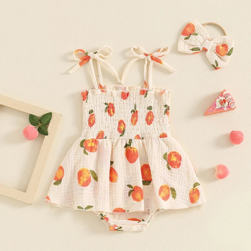 Baby Girls Summer Romper Dress Sleeveless Peach Print Cami Playsuit with Headband