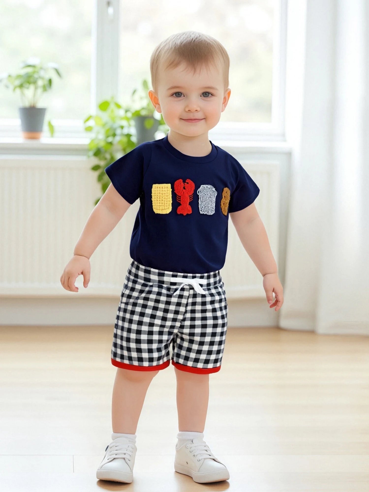Boys Summer Outfit Set with Short Sleeve Lobster Embroidered Top and Plaid Drawstring Shorts O Neck Design for Comfort