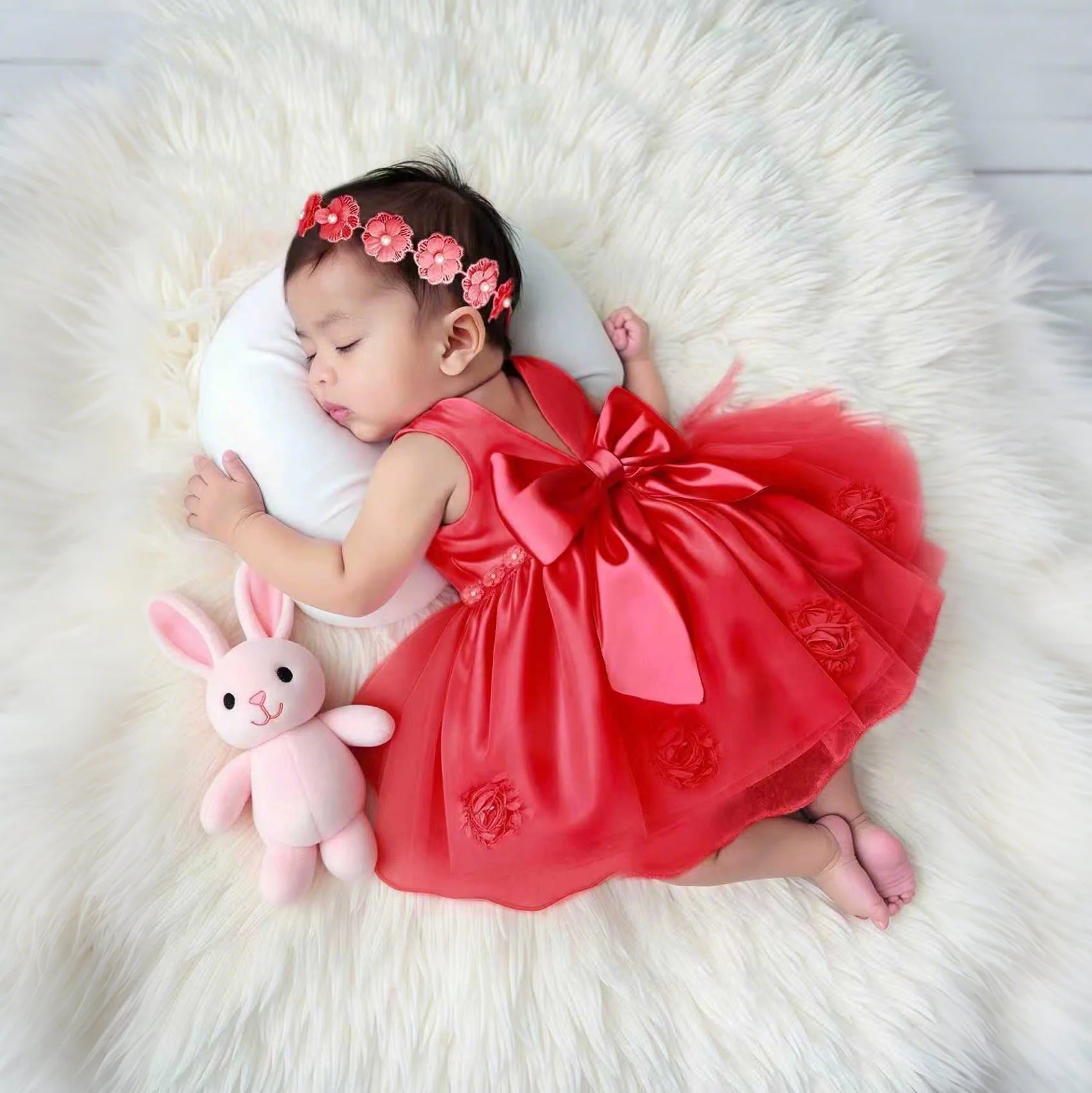 2Pcs Set White Newborn Girl Dress For Photo Shooting Big Bowknot Baby Photography Dress With Pearl Headband