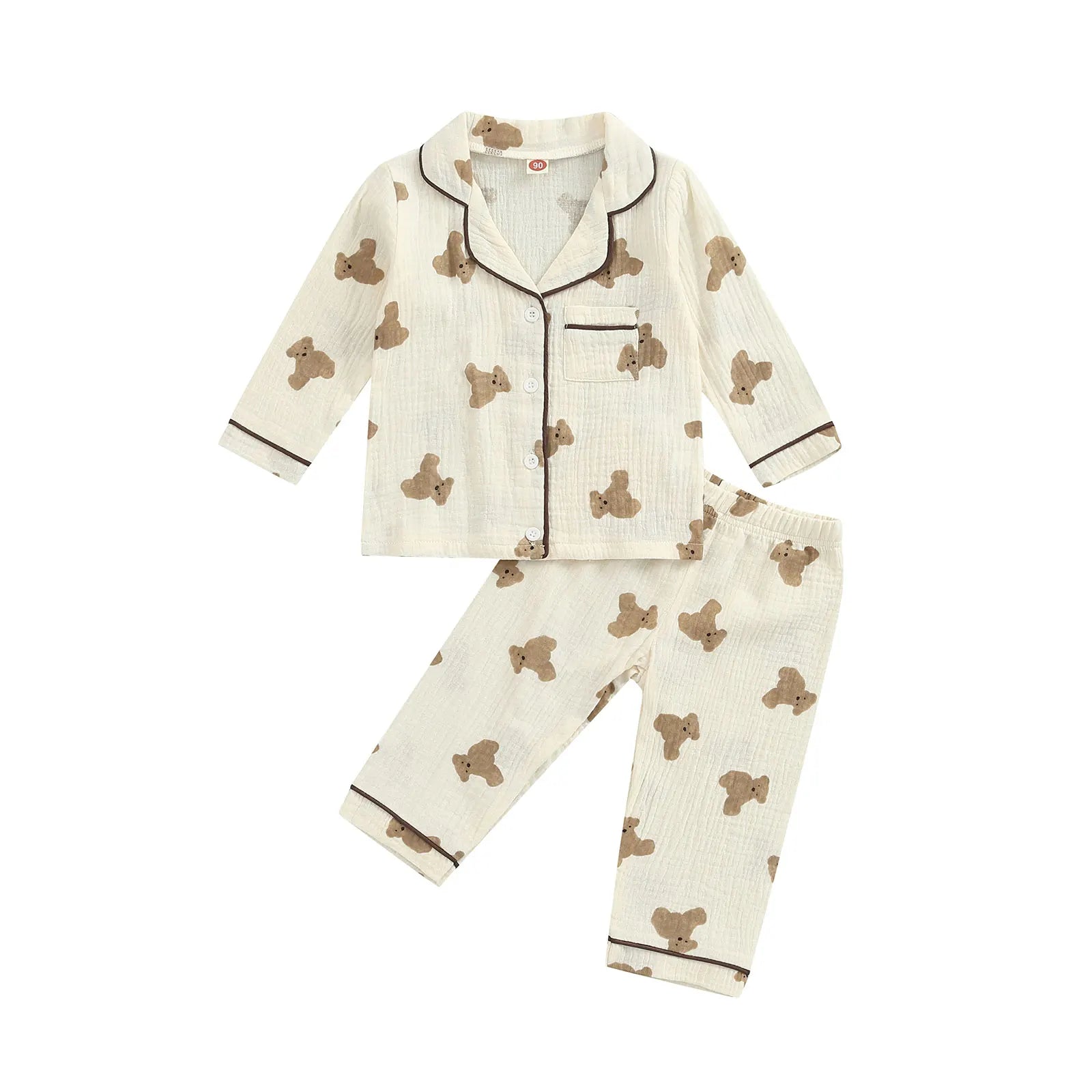 0-6Years Kids Unisex Casual Pajama Suit Bear Printed Long Sleeve Front Pocket Lapel Tops Printed Long Pant