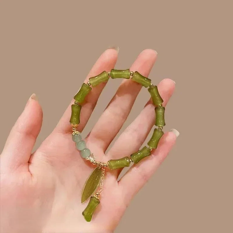 Retro Green Bamboo Joint Beaded Bracelet For Women's Fashion Simple Charm Alloy Leaf Bracelet Jewelry Gift