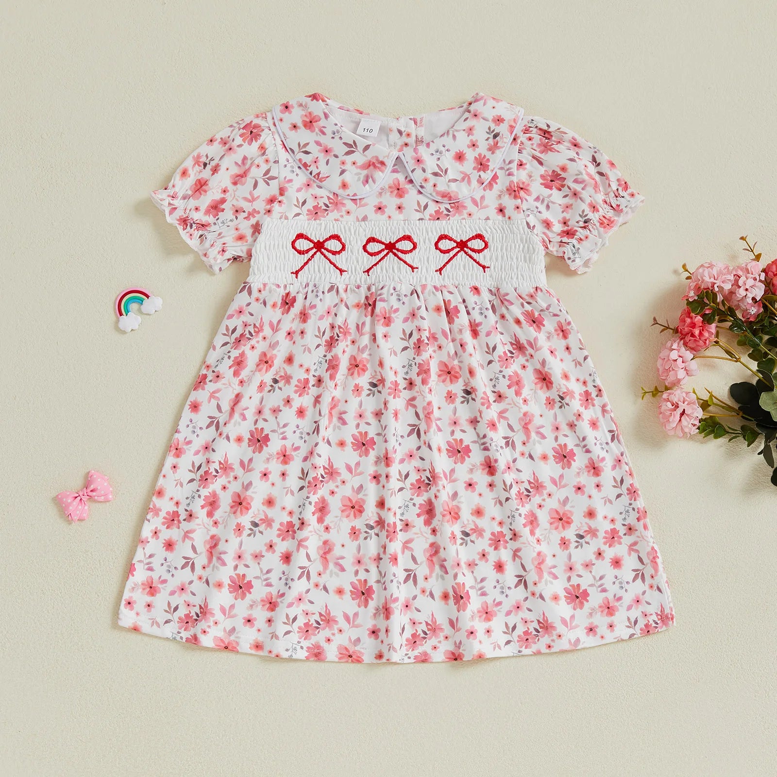 Toddler Girl Vintage Style Floral Print Dress with Embroidered Bow Detail and Puff Sleeves Perfect for Summer Parties and