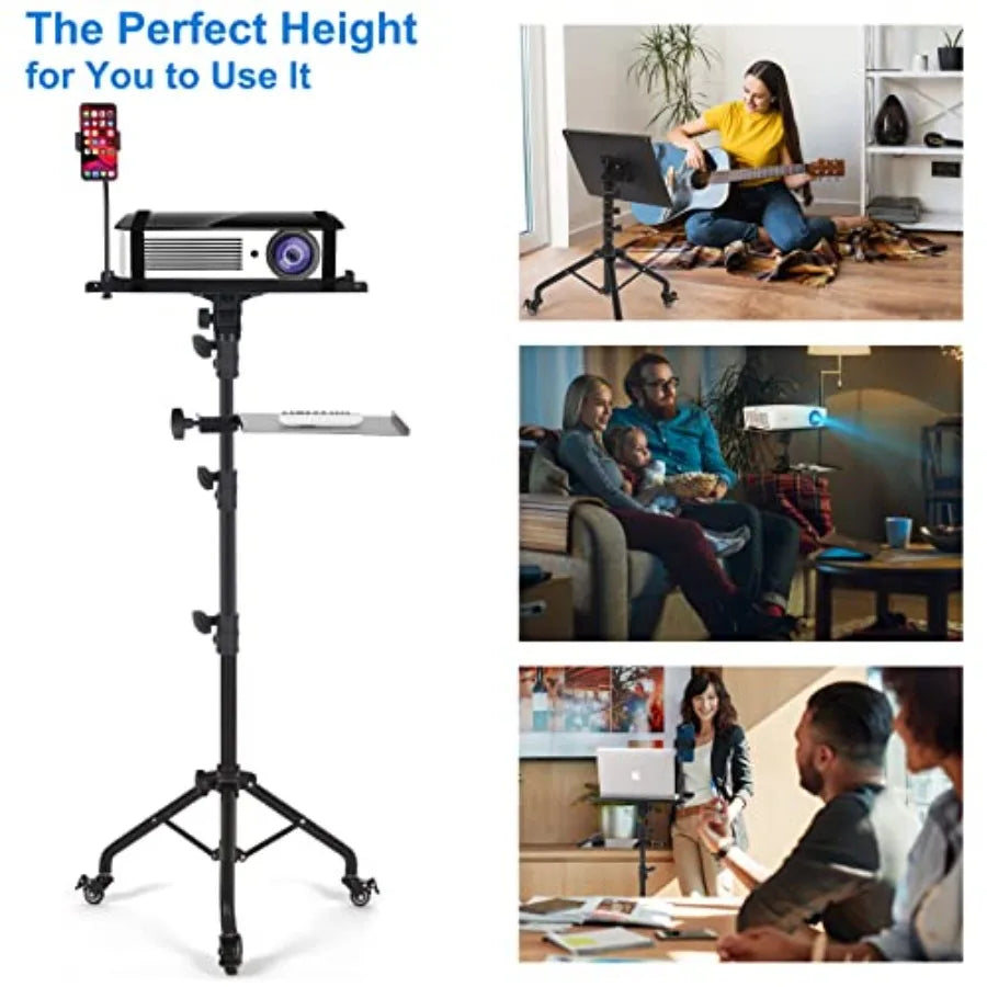 Laptop Tripod on Wheels with 2 Shelves, Portable Projector Floor Stand Adjustable Height 25.9 to 51.8 Inch with Phone Holder