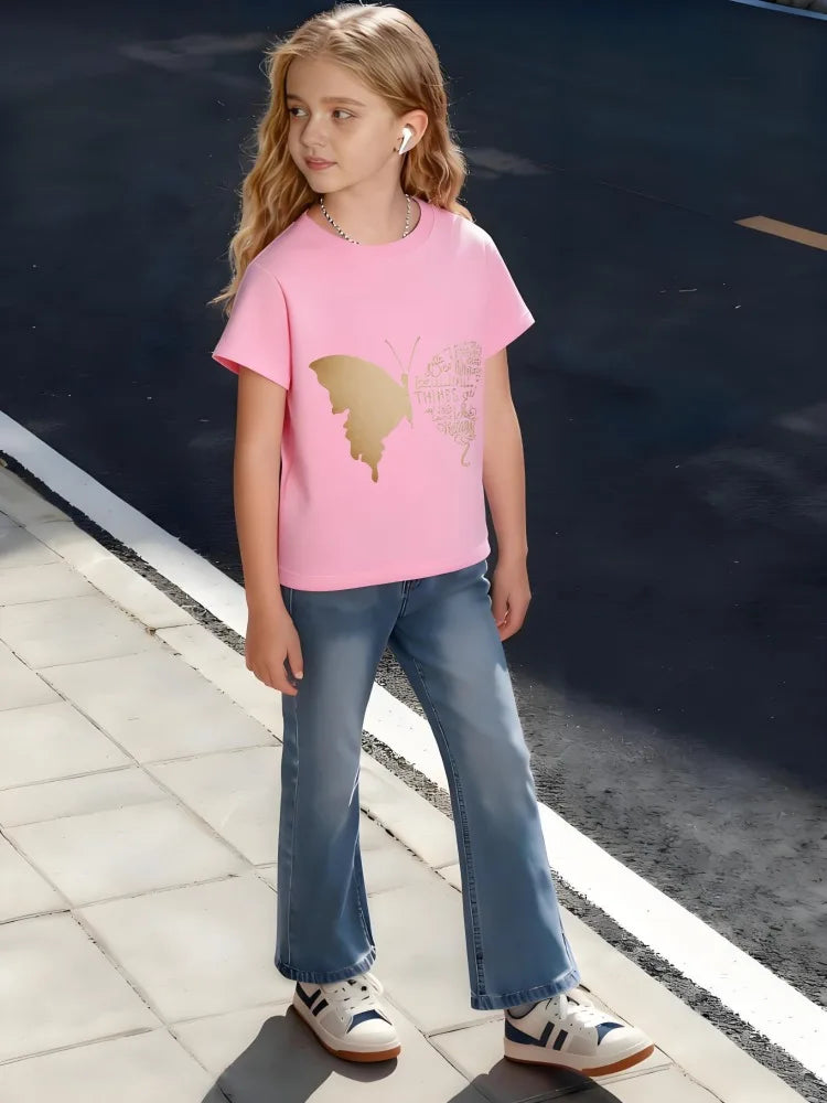 Kids Children's Cotton T-Shirt Butterfly with Inspirational Words Wing Design for Boys Girls Elegant Nature Theme Outfit