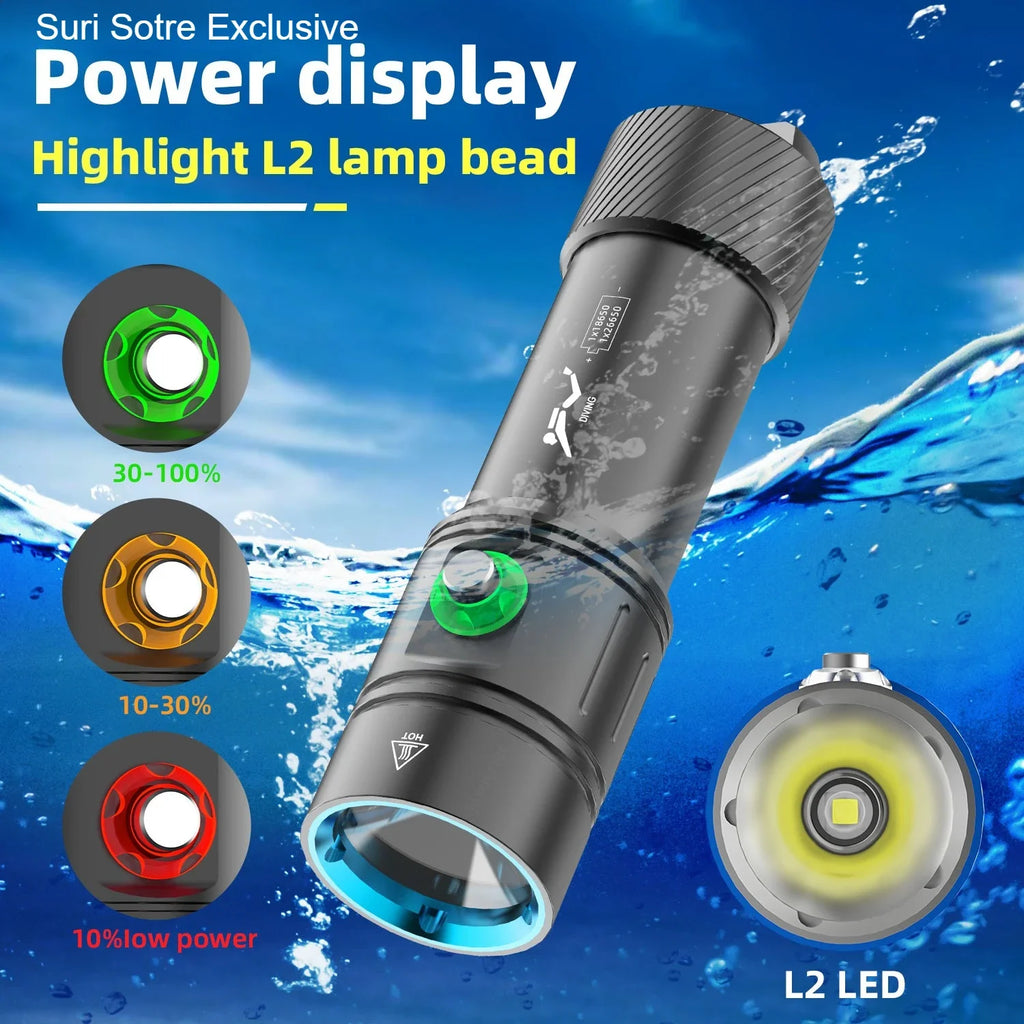 Professional diving L2-2000LM LED diving flashlight super bright IPX8 waterproof flashlight underwater 200M fishing flashlight