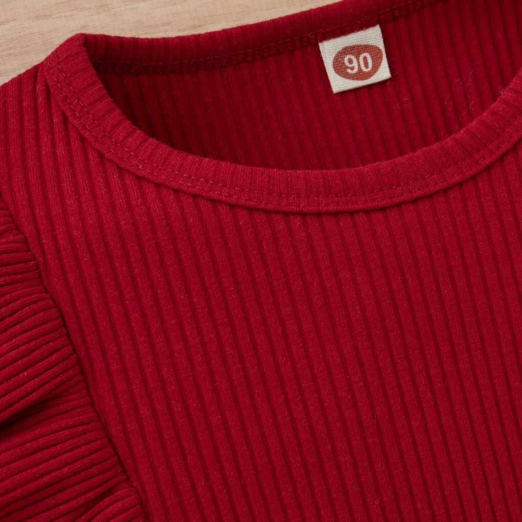 Spring Kids Girls Outfit Solid Color Lace Long Sleeve Tops + Button Short Skirt Belt Autumn Clothes Set