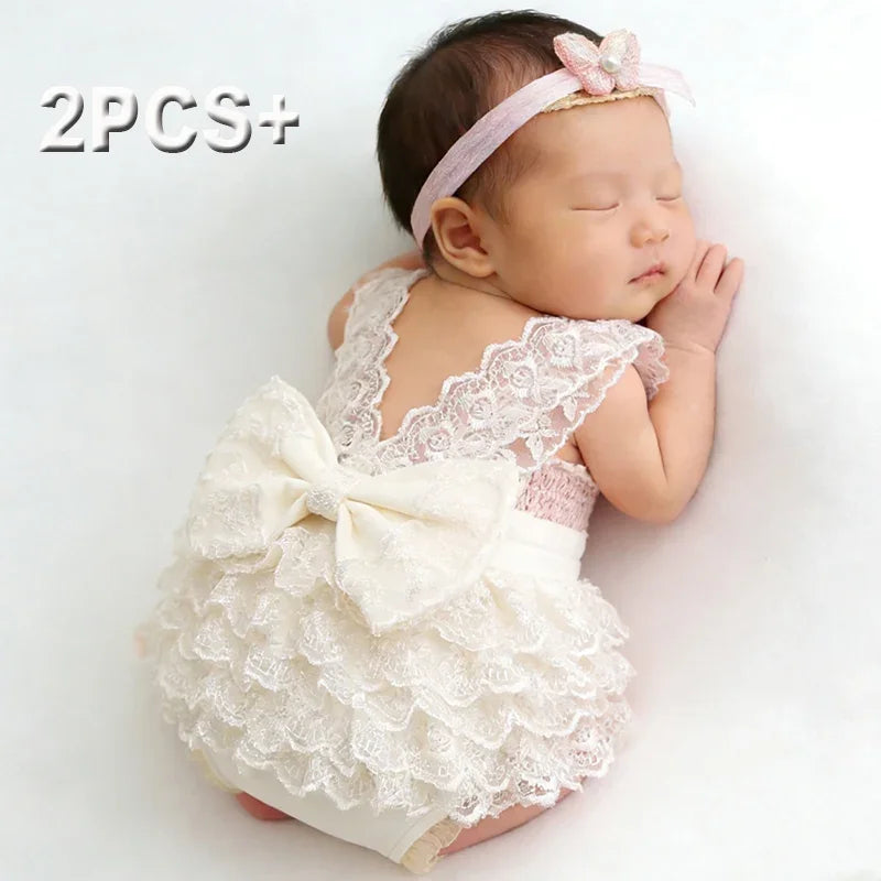 Newborn Photography Lace Romper Set  Photo Shoot Outfits with Bow Headband for Baby Girl Picture Ideas